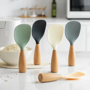 Heat-Resistant Food Grade Non-Stick Wood Silicone Rice Shovel Dishwasher Safe Kitchen Tool-for Rice Cooker or Household Use