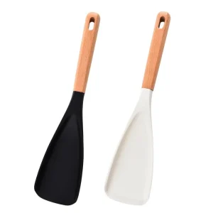 Wooden Handle Food-Grade Black and White Silicone Spatula Safe for Non-Stick Cooking
